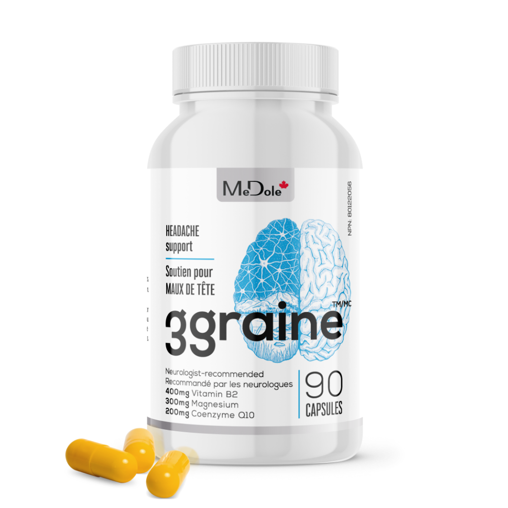 3graine Migraine and Headache Pain Relief Supplement Bottle Front with Pills